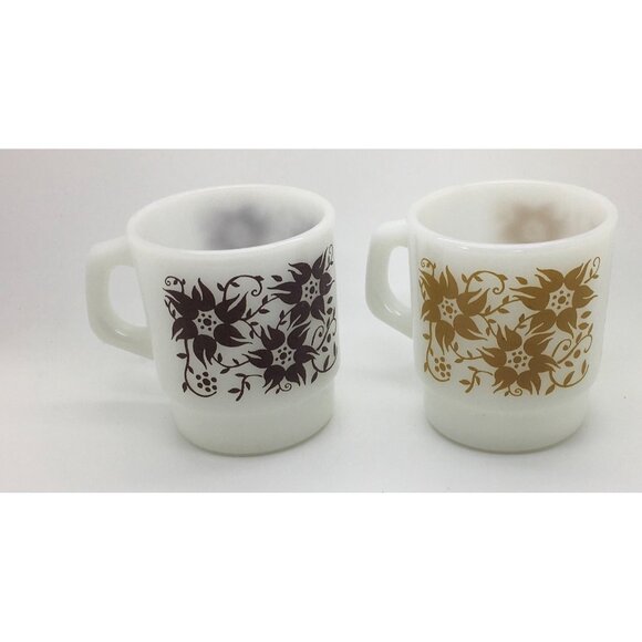 Fire King Anchor Hocking Milk Glass Coffee Mug Stacking Classical Flowers - Picture 2 of 5